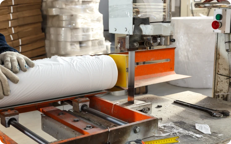 Worker operating foam cutting machine